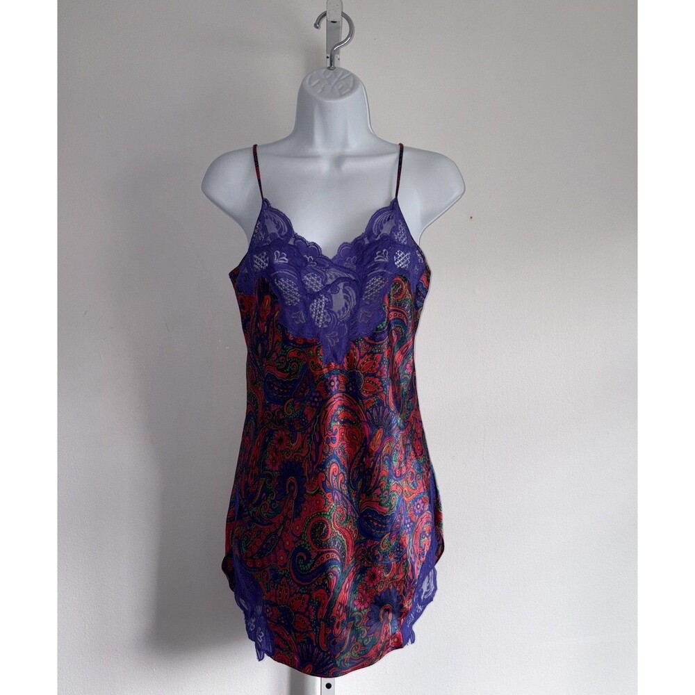 VTG 90s Victoria's Secret Gold Label Chemise Red Purple Paisley Satin Lace Slip